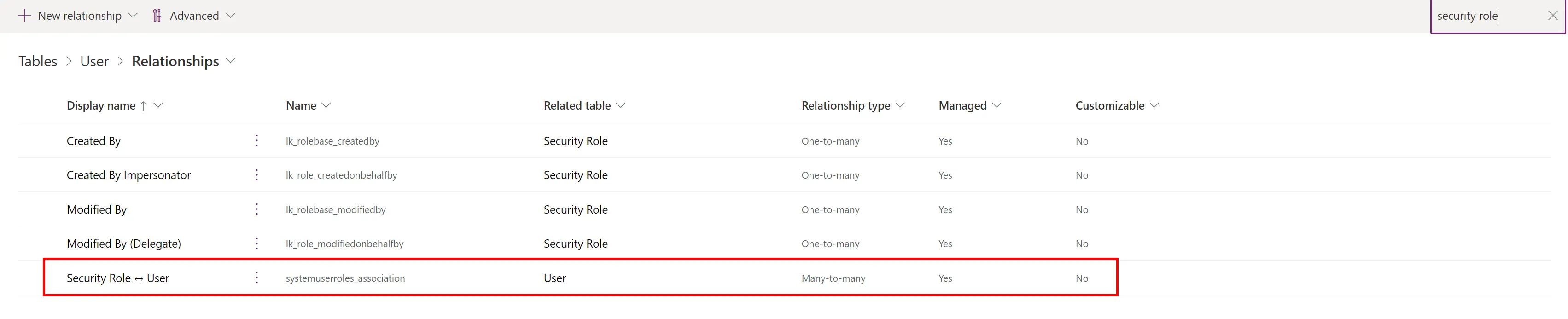 The relationship between the User and Security Role table in Dataverse